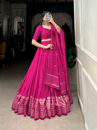 Crafted for Grace and Beauty – Pure Chanderi Plain Lehenga with Zari Work Border and Sequin Embellished Dupatta