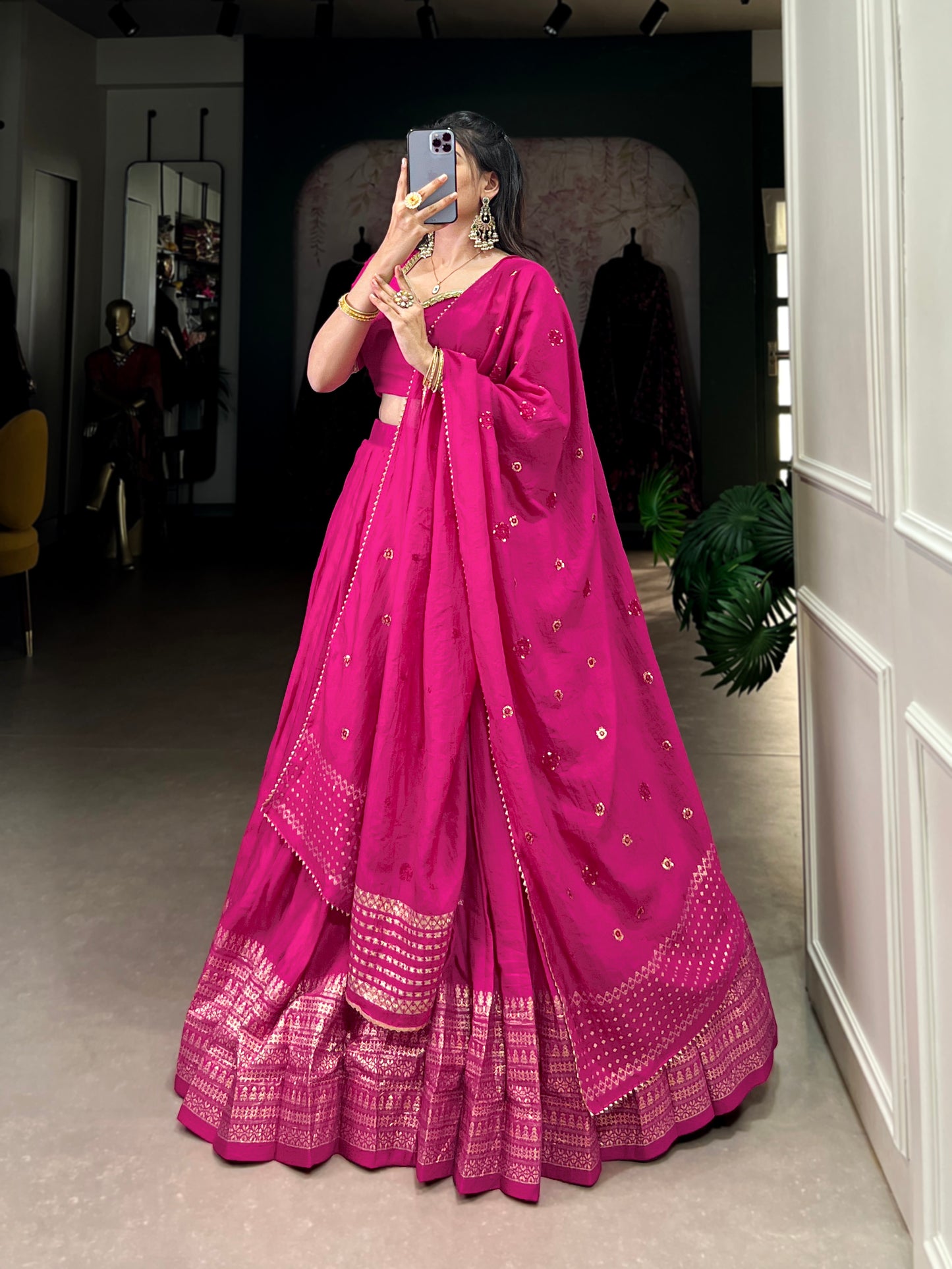 Crafted for Grace and Beauty – Pure Chanderi Plain Lehenga with Zari Work Border and Sequin Embellished Dupatta