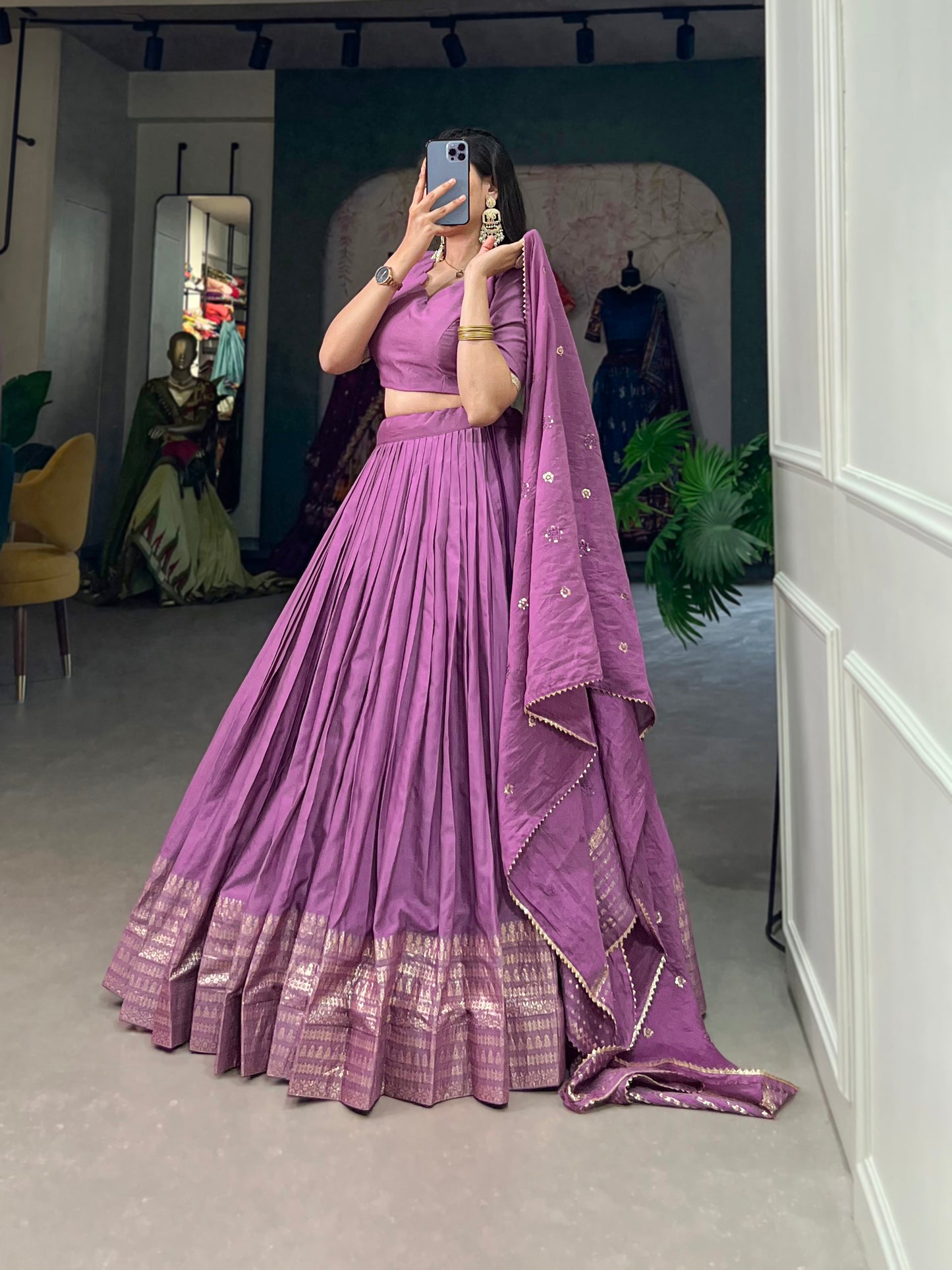 Crafted for Grace and Beauty – Pure Chanderi Plain Lehenga with Zari Work Border and Sequin Embellished Dupatta
