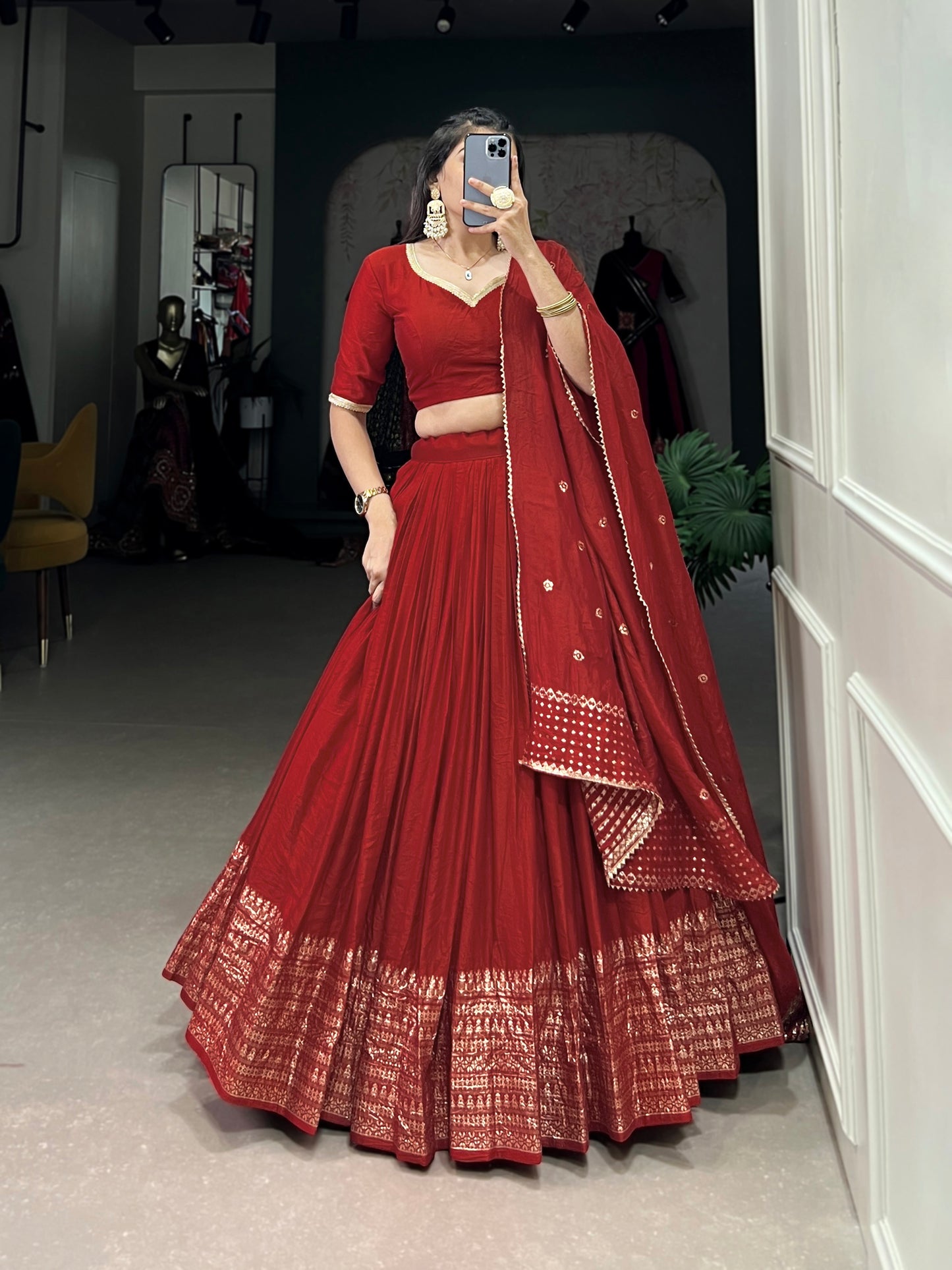 Crafted for Grace and Beauty – Pure Chanderi Plain Lehenga with Zari Work Border and Sequin Embellished Dupatta