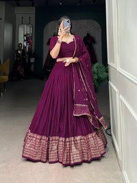 Crafted for Grace and Beauty – Pure Chanderi Plain Lehenga with Zari Work Border and Sequin Embellished Dupatta