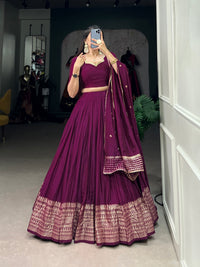 Crafted for Grace and Beauty – Pure Chanderi Plain Lehenga with Zari Work Border and Sequin Embellished Dupatta