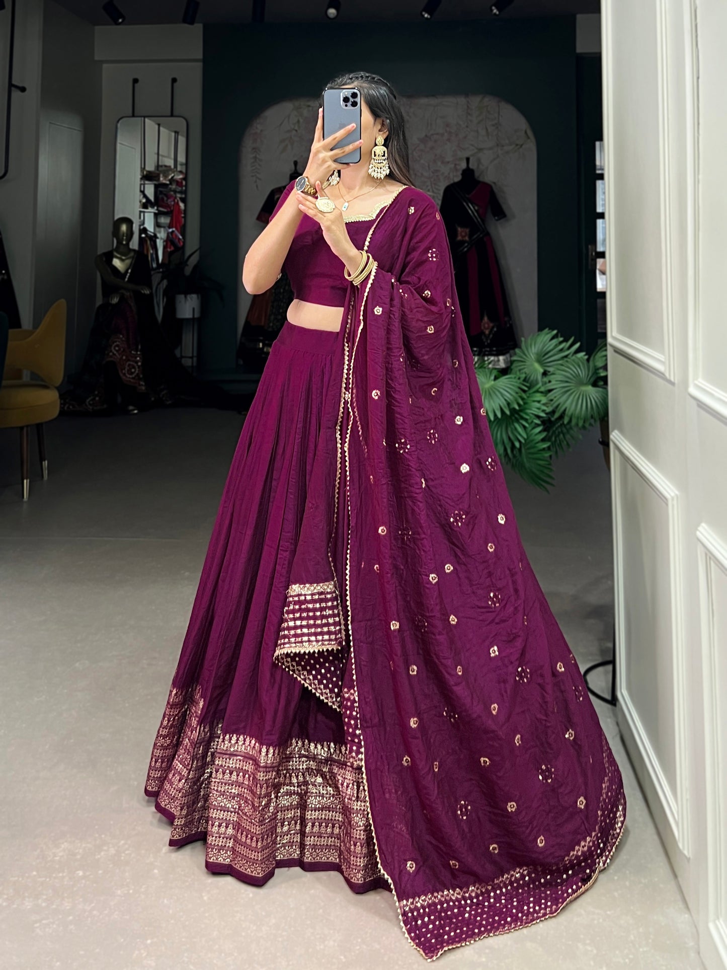 Crafted for Grace and Beauty – Pure Chanderi Plain Lehenga with Zari Work Border and Sequin Embellished Dupatta