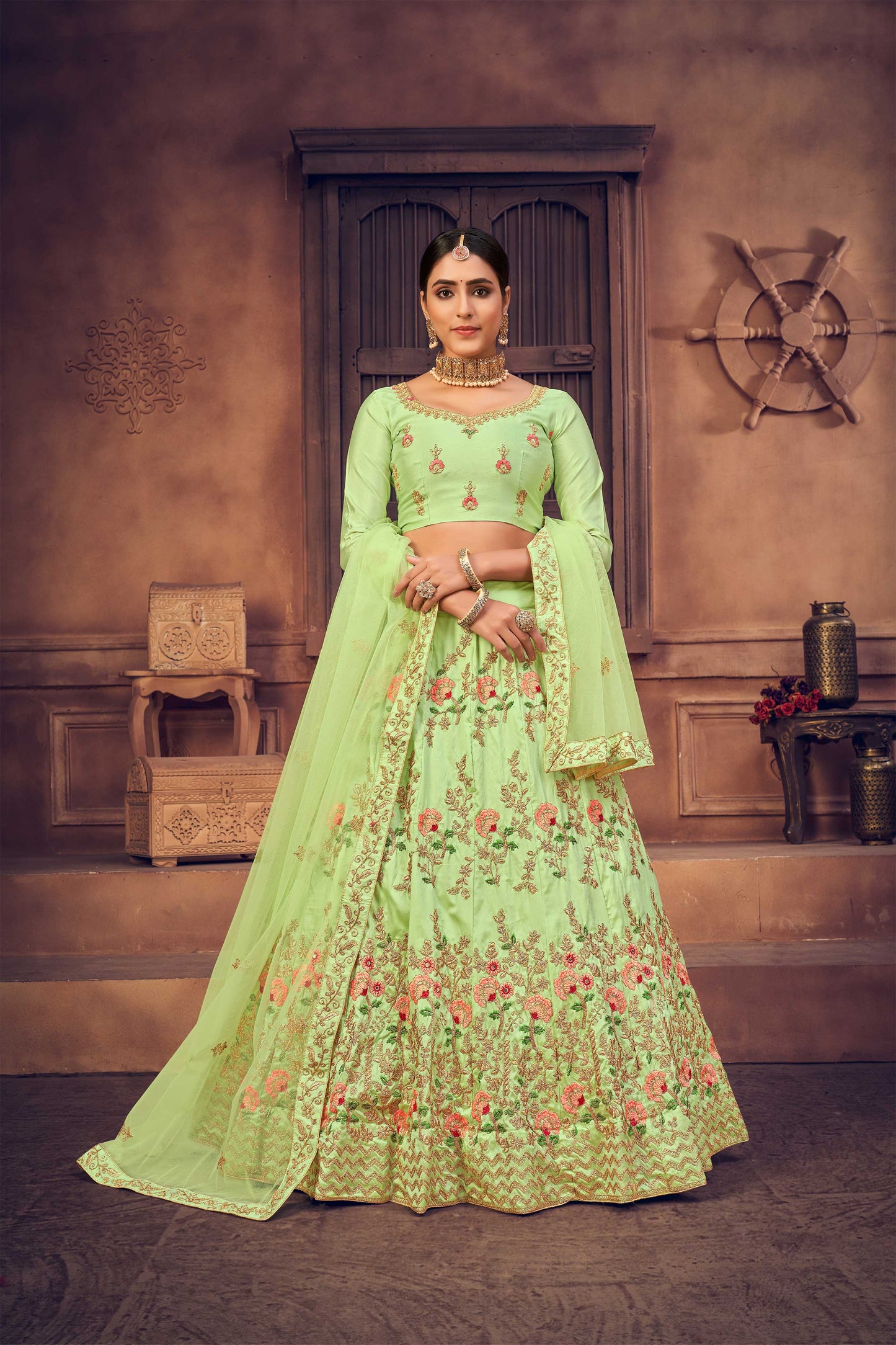 Light-Green Taffeta Silk Floral Meena Motif Lehenga Choli with Thread-Pearl Embroidery and Net Dupatta