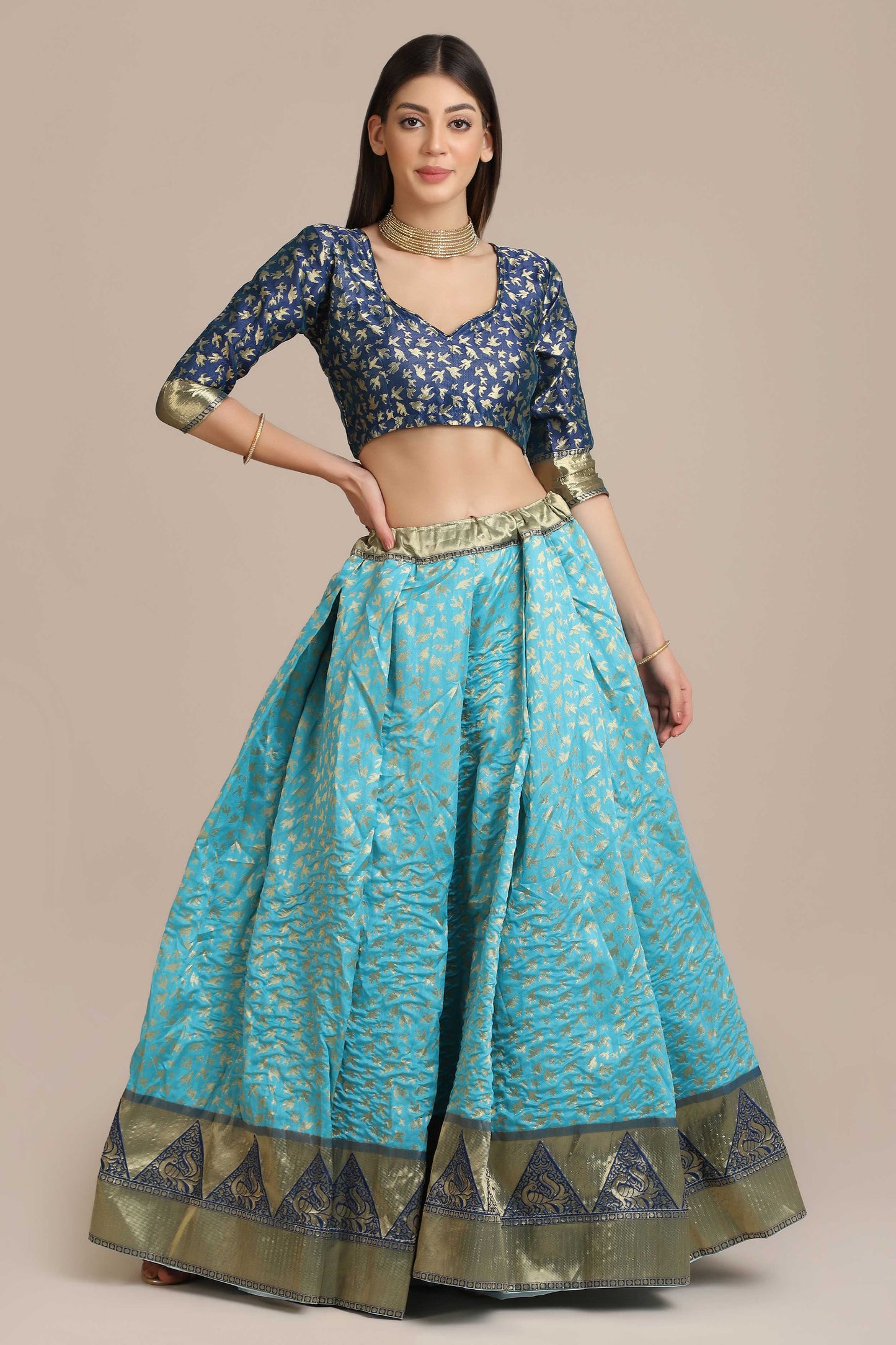 Woven Zari Silk Aqua Blue Lehenga