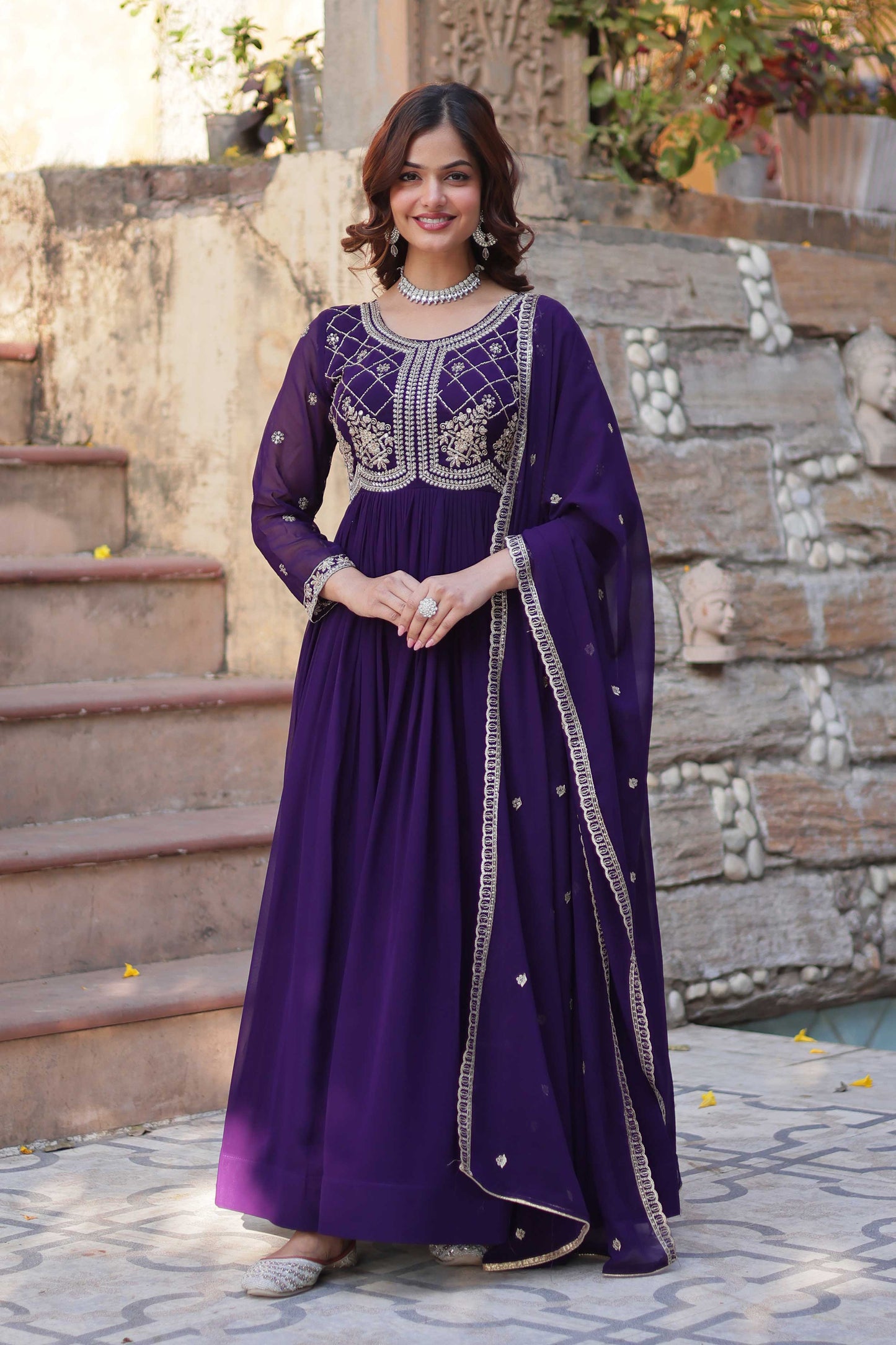 Premium Readymade Faux Blooming Gown with Sequins & Beads Embroidery + Dupatta – Elegant Full-Length Ensemble