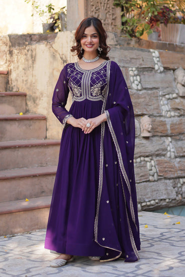 Premium Readymade Faux Blooming Gown with Sequins & Beads Embroidery + Dupatta – Elegant Full-Length Ensemble