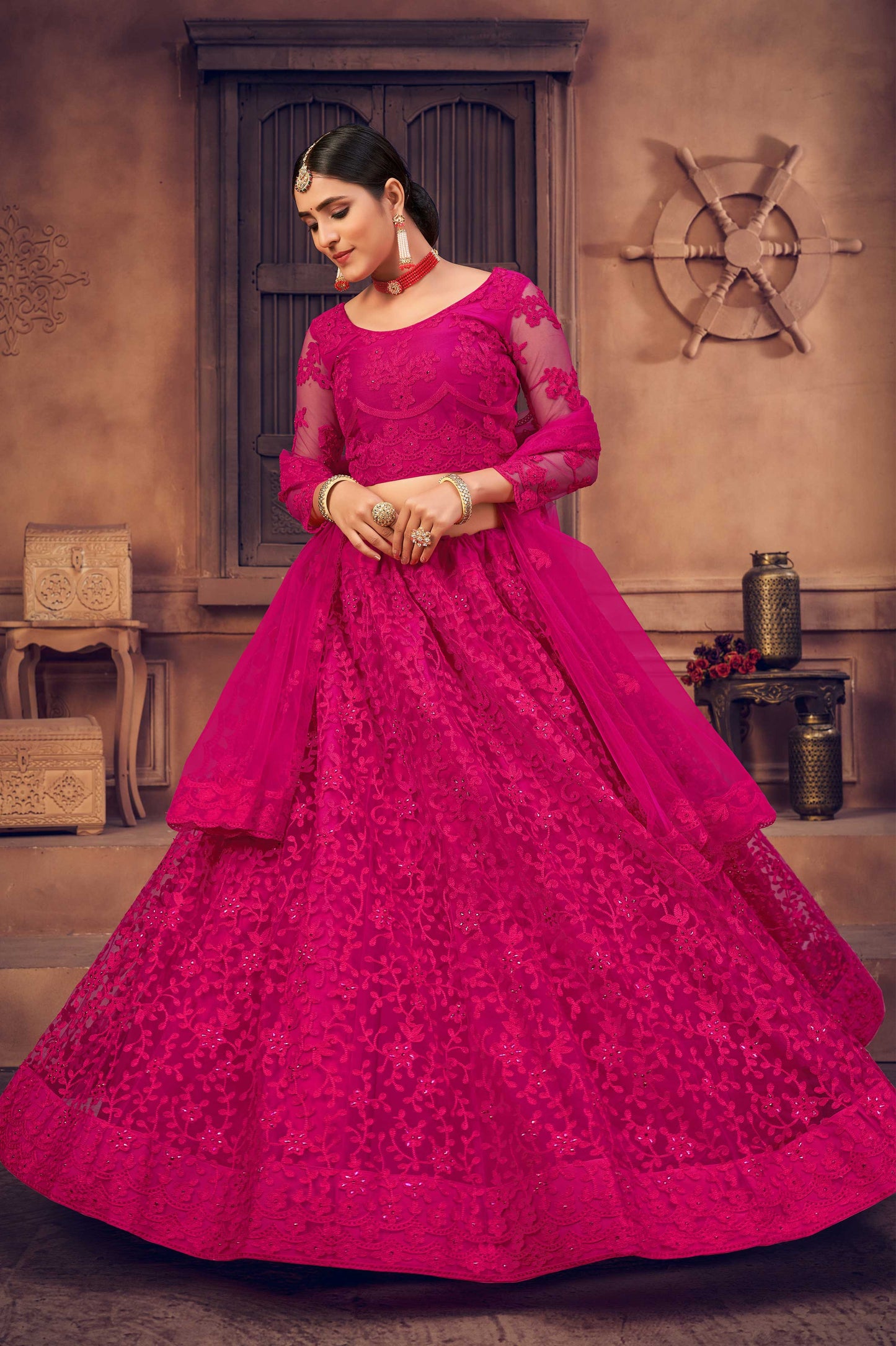 Women's Semi Stitched Net Lehenga Choli (Rose Pink_Free Size)