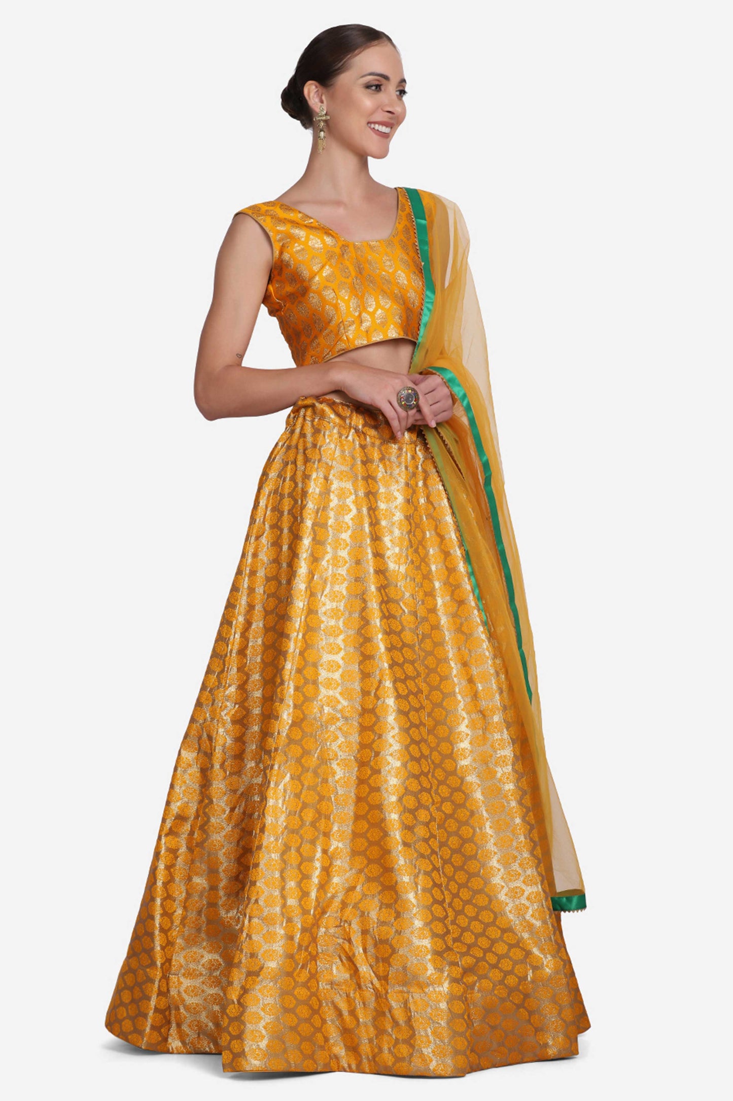 Yellow Banarasi Lehenga With Net Dupatta For Women