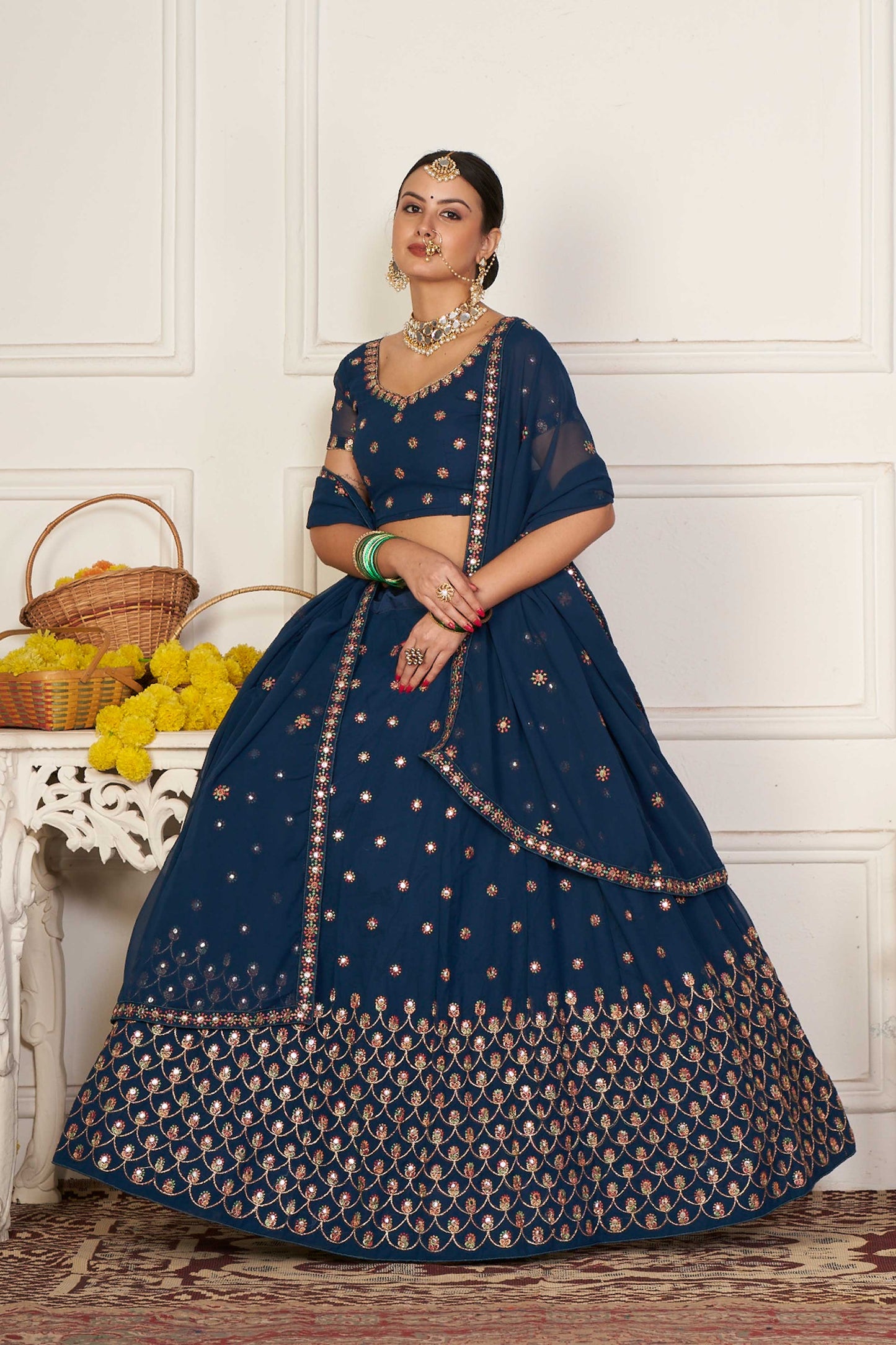 Teal-Blue Georgette Lehenga Choli with All-Over Chakra Bootis Mirror-Thread Embroidery and Dupatta