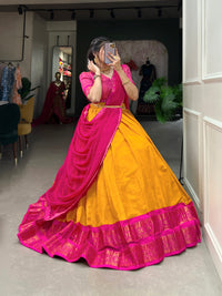 Crafted with Love, Adorned with Heritage – South Style Kanchipuram Silk Lehenga with Zari Weaving and Graceful Dupatta