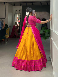 Crafted with Love, Adorned with Heritage – South Style Kanchipuram Silk Lehenga with Zari Weaving and Graceful Dupatta