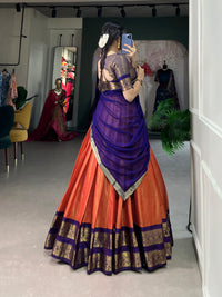 Crafted with Love, Adorned with Heritage – South Style Kanchipuram Silk Lehenga with Zari Weaving and Graceful Dupatta