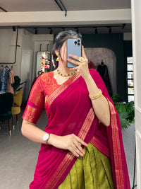 Crafted with Love, Adorned with Heritage – South Style Kanchipuram Silk Lehenga with Zari Weaving and Graceful Dupatta
