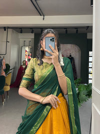 Crafted with Love, Adorned with Heritage – South Style Kanchipuram Silk Lehenga with Zari Weaving and Graceful Dupatta