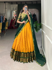Crafted with Love, Adorned with Heritage – South Style Kanchipuram Silk Lehenga with Zari Weaving and Graceful Dupatta