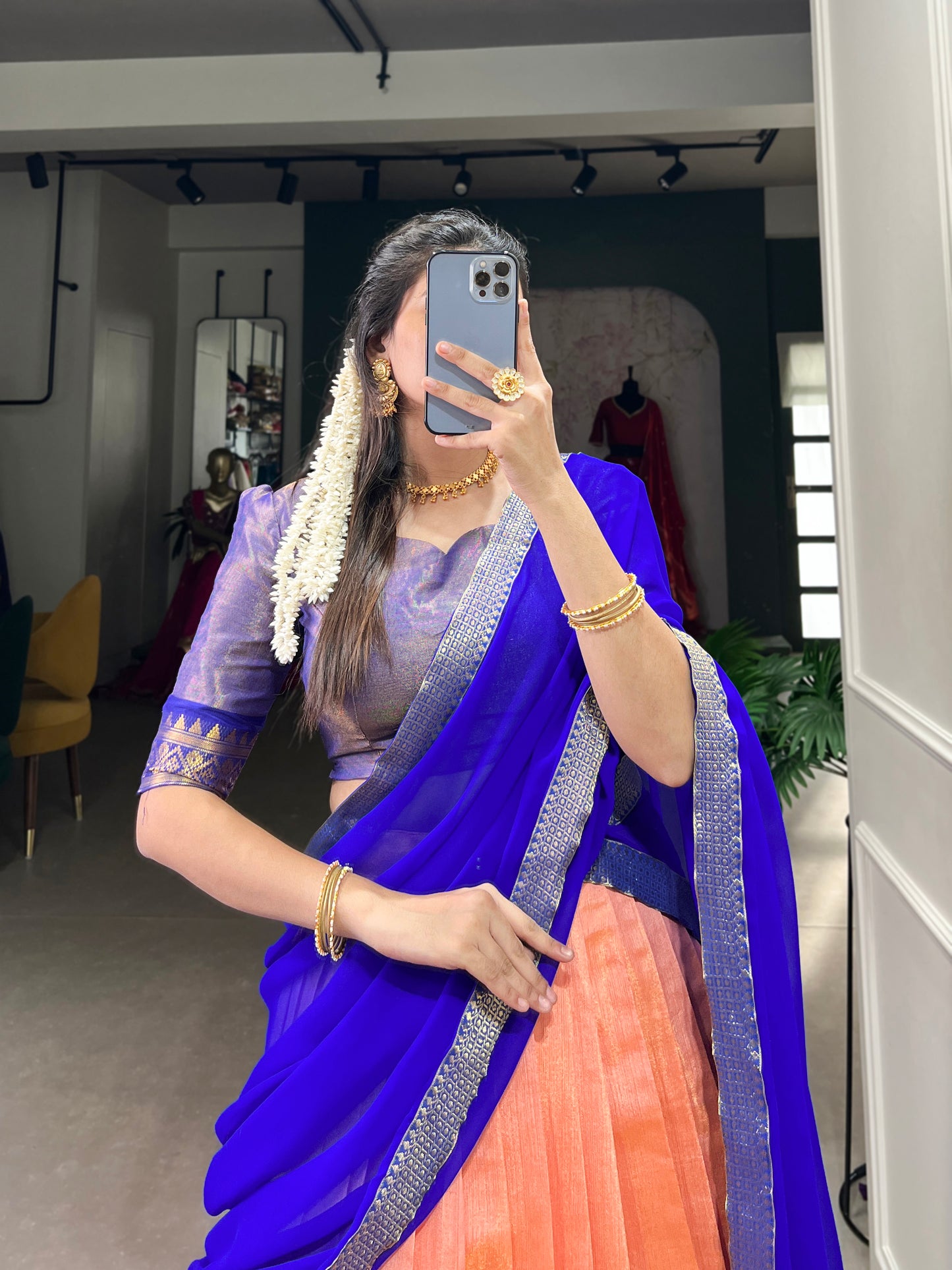 Regal Kanchipuram Silk Lehenga Choli with Zari Weaving and Georgette Dupatta