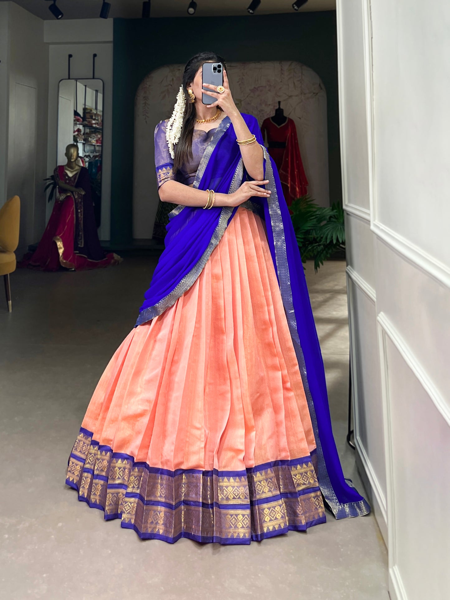 Regal Kanchipuram Silk Lehenga Choli with Zari Weaving and Georgette Dupatta