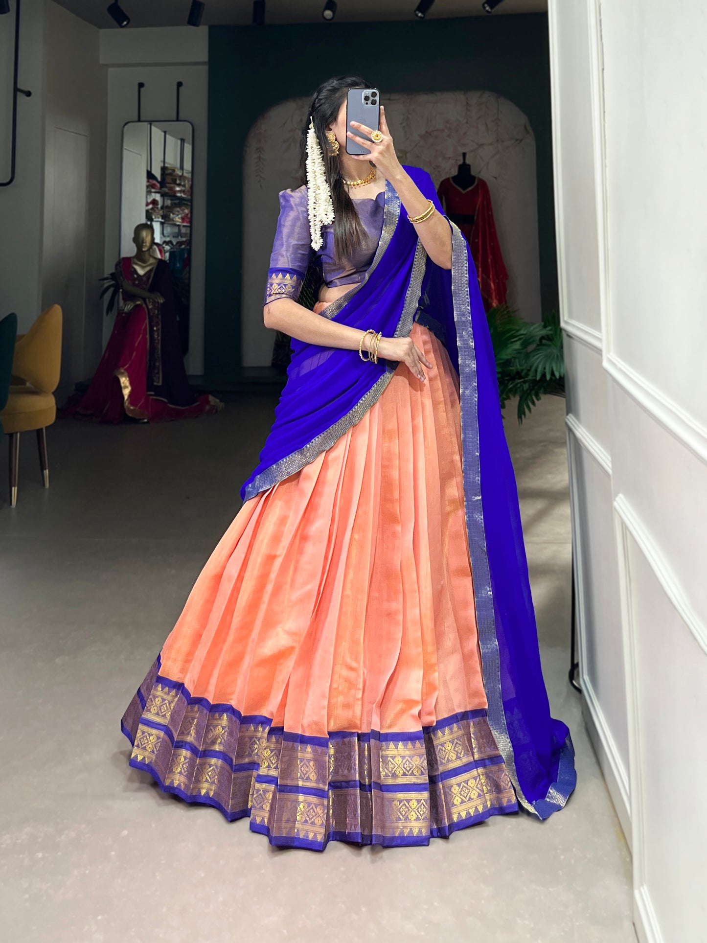 Regal Kanchipuram Silk Lehenga Choli with Zari Weaving and Georgette Dupatta