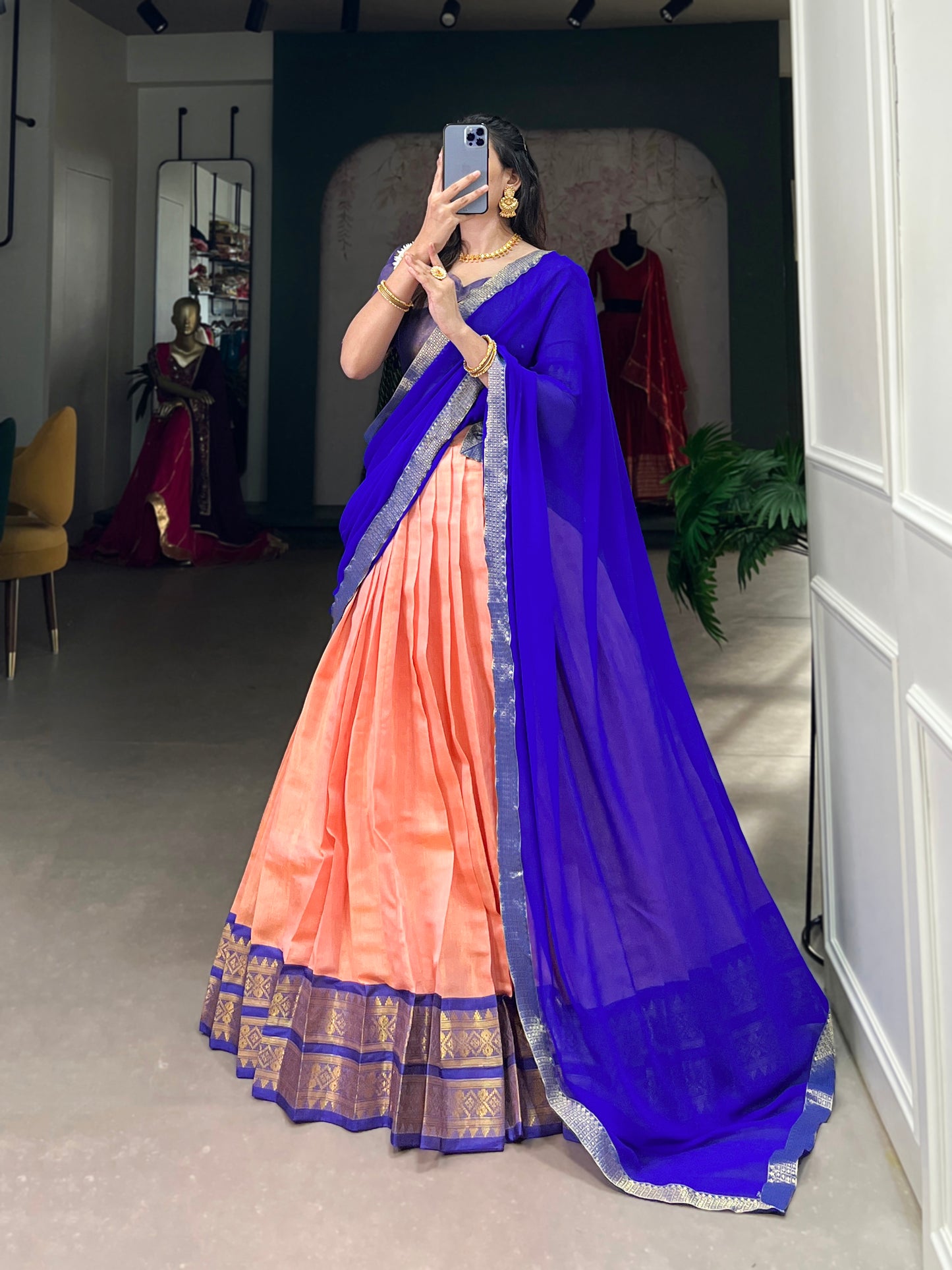 Regal Kanchipuram Silk Lehenga Choli with Zari Weaving and Georgette Dupatta