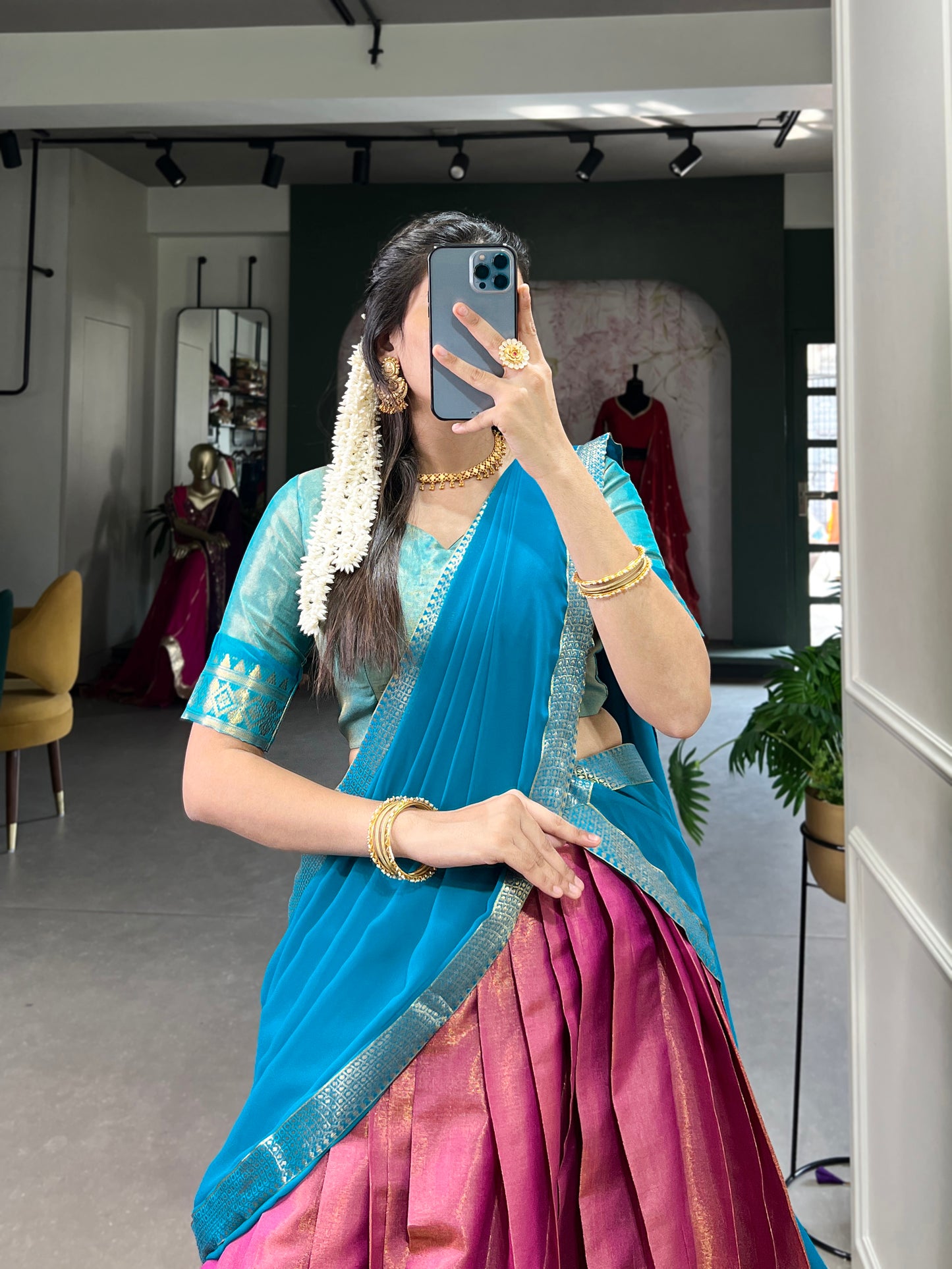 Regal Kanchipuram Silk Lehenga Choli with Zari Weaving and Georgette Dupatta