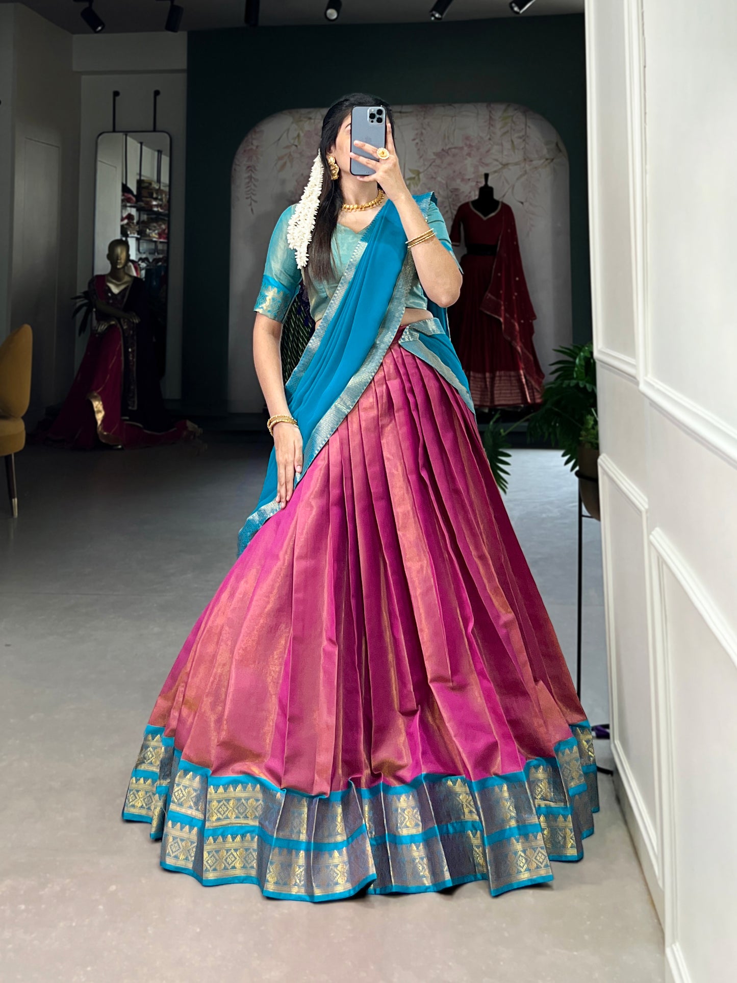 Regal Kanchipuram Silk Lehenga Choli with Zari Weaving and Georgette Dupatta
