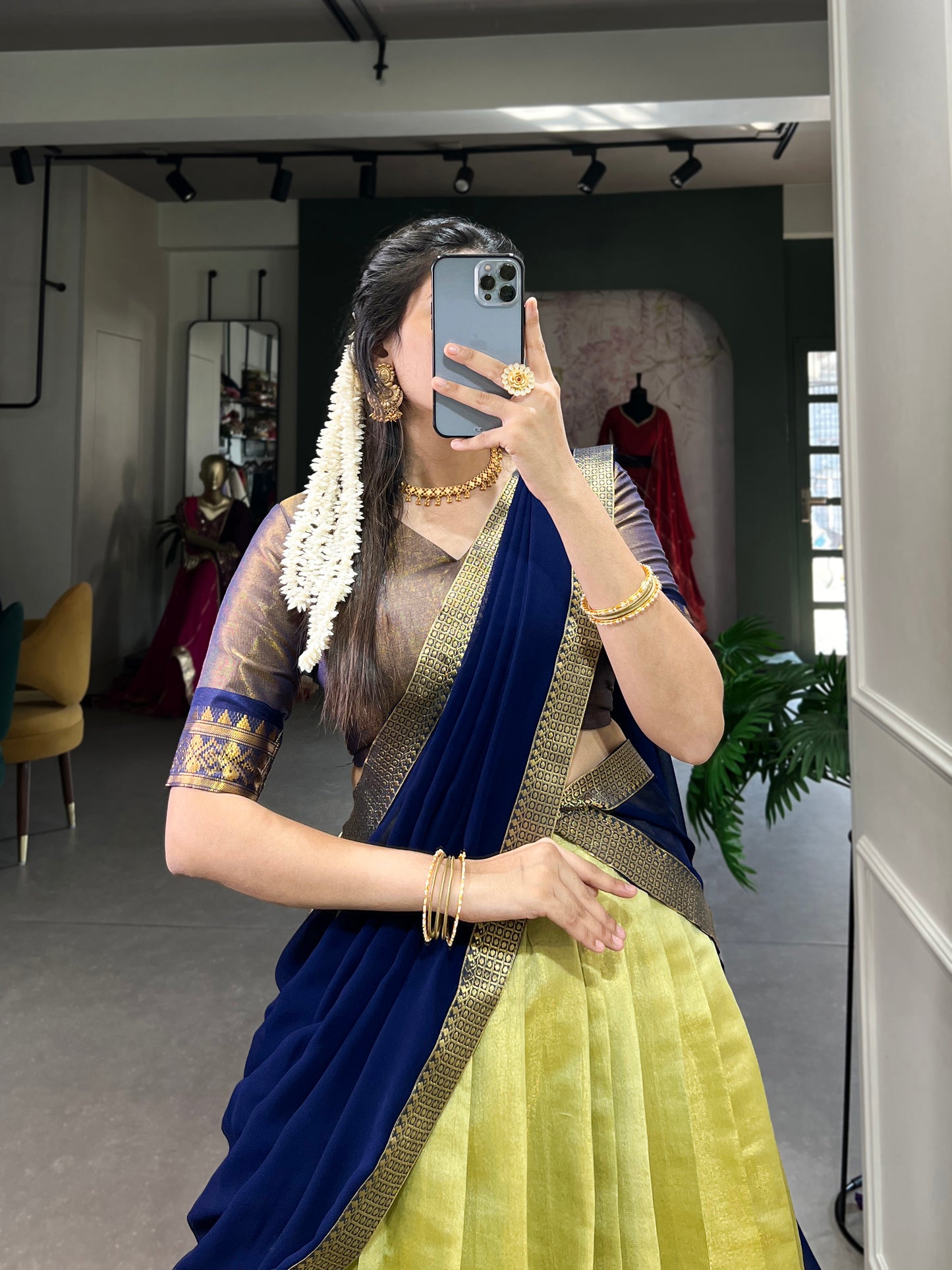 Regal Kanchipuram Silk Lehenga Choli with Zari Weaving and Georgette Dupatta