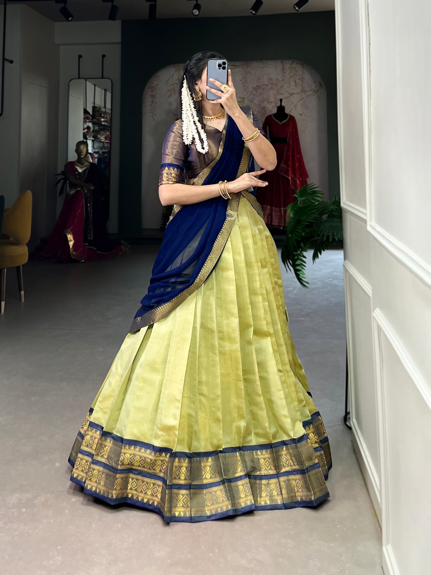 Regal Kanchipuram Silk Lehenga Choli with Zari Weaving and Georgette Dupatta