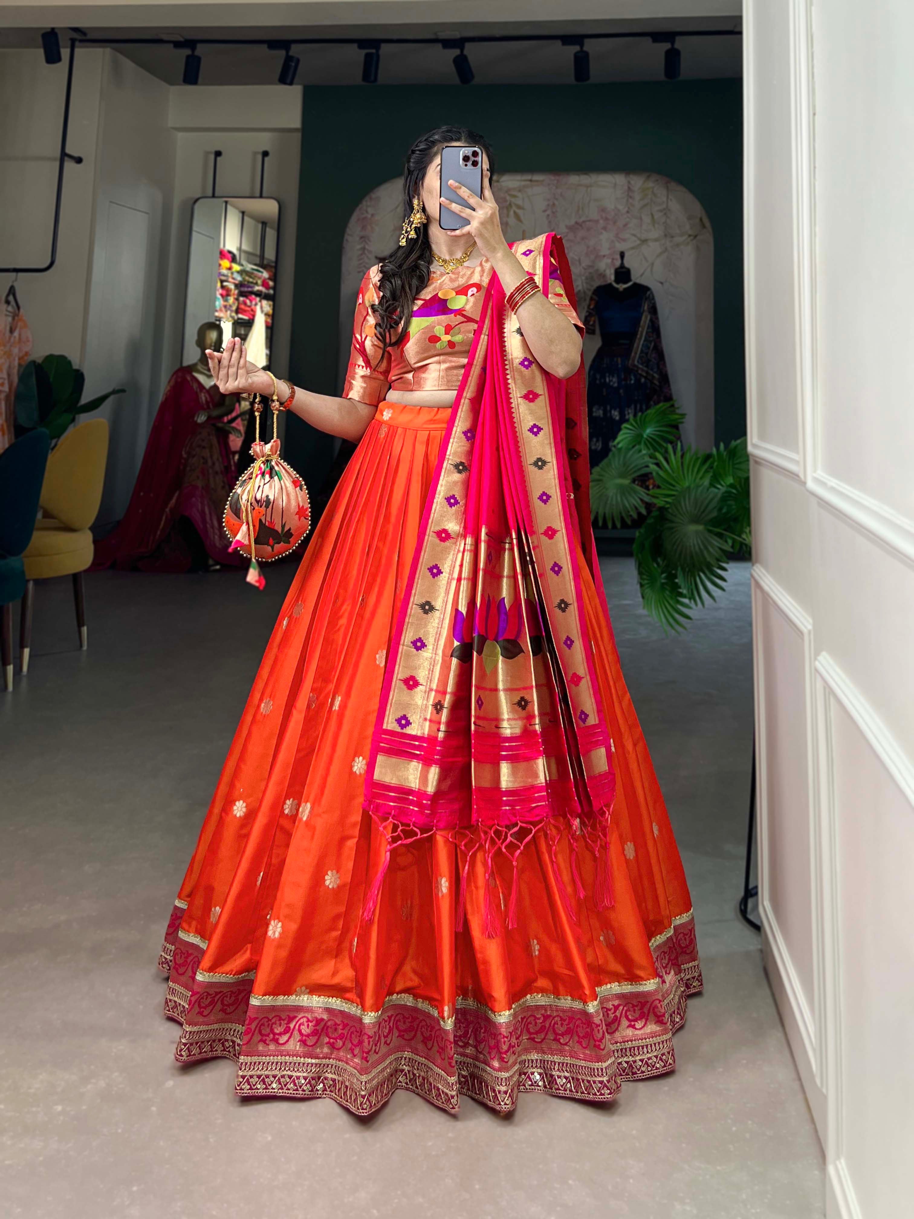 Paithani Jacquard Silk Lehenga Choli Set with Dupatta & Batwa – Zari Weaving Work | Traditional Meets Trendy