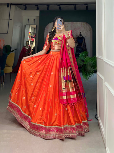 Paithani Jacquard Silk Lehenga Choli Set with Dupatta & Batwa – Zari Weaving Work | Traditional Meets Trendy