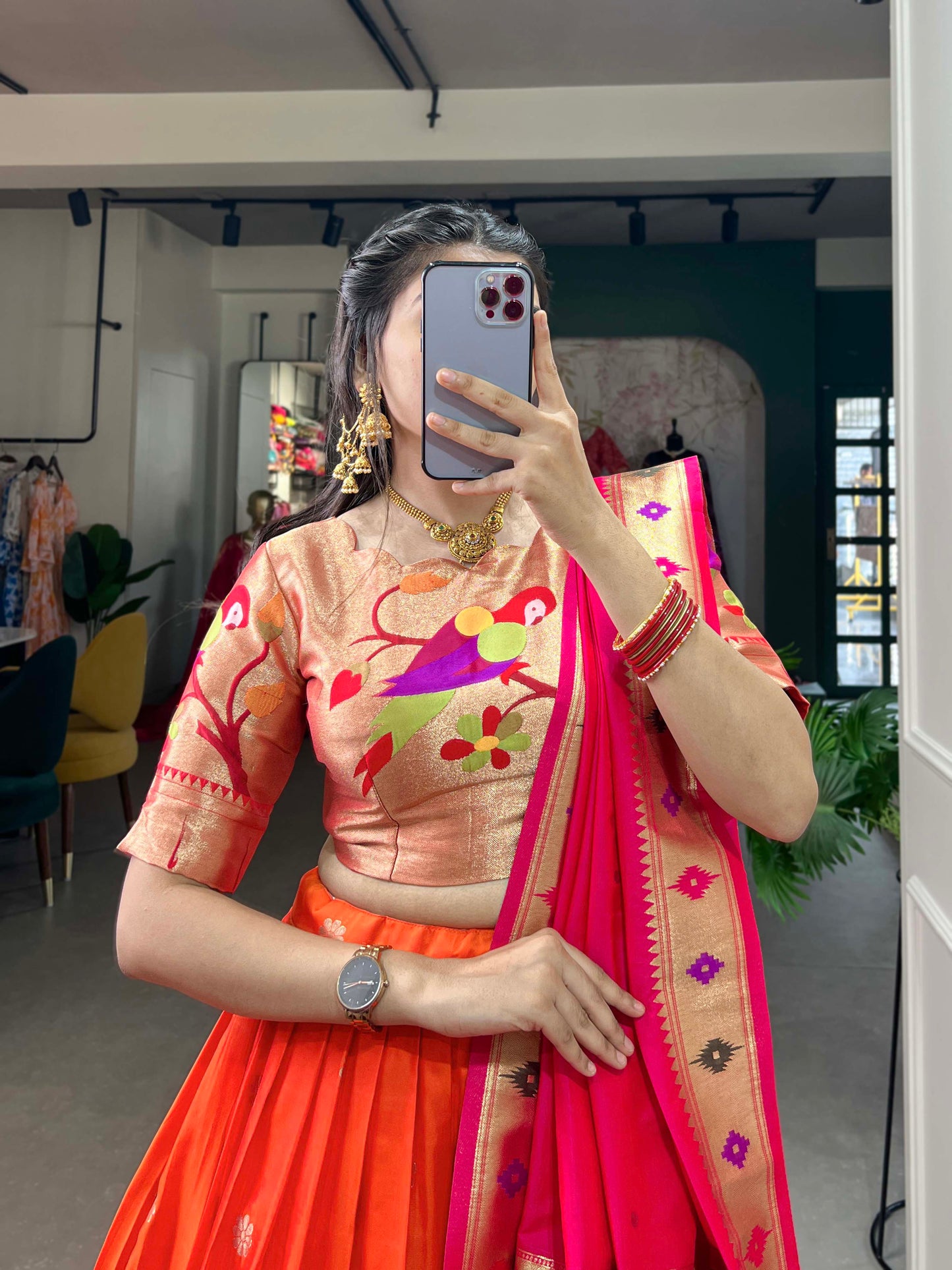 Paithani Jacquard Silk Lehenga Choli Set with Dupatta & Batwa – Zari Weaving Work | Traditional Meets Trendy