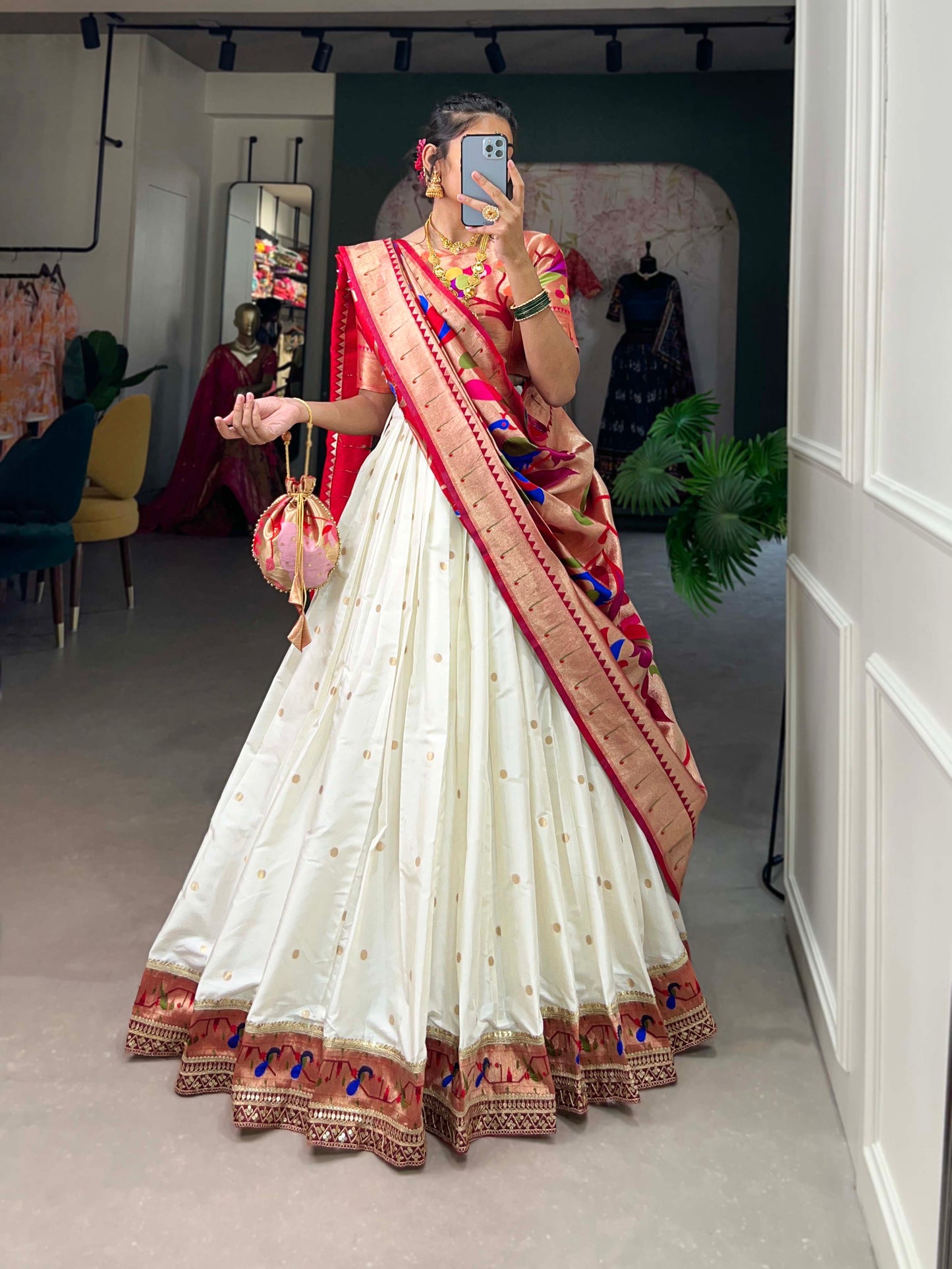 Paithani Jacquard Silk Lehenga Choli Set with Dupatta & Batwa – Zari Weaving Work | Traditional Meets Trendy