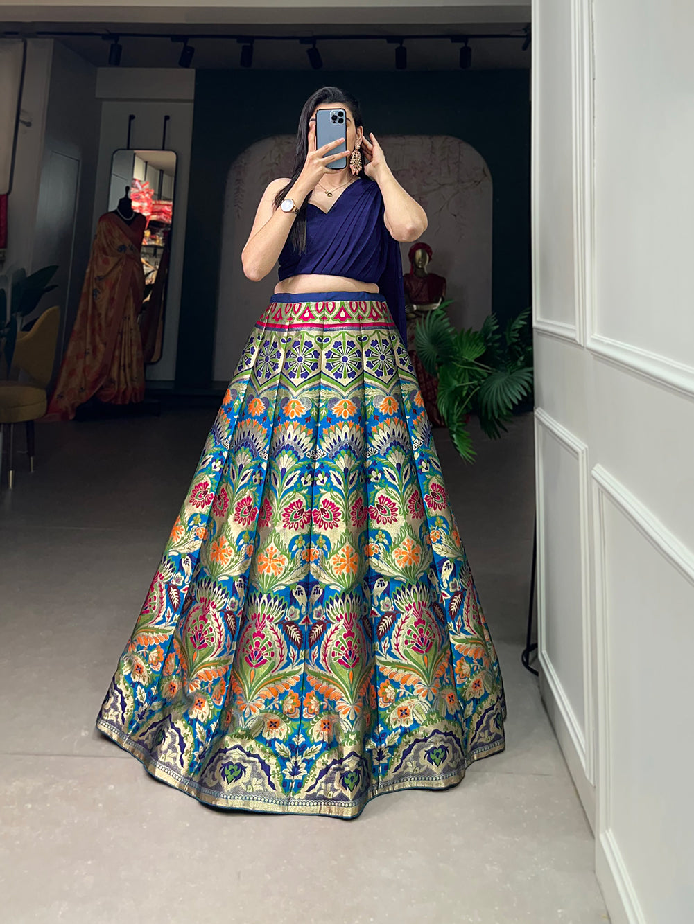 Timeless Banarasi Silk Lehenga Choli with Zari Weaving and Attached Dupatta – Elegance Woven in Tradition