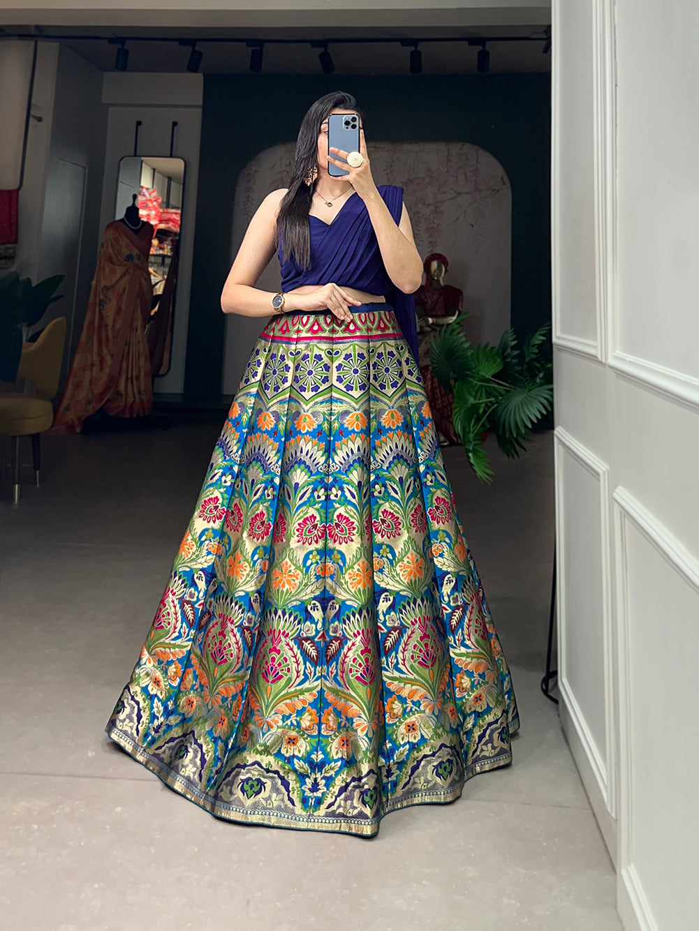 Timeless Banarasi Silk Lehenga Choli with Zari Weaving and Attached Dupatta – Elegance Woven in Tradition