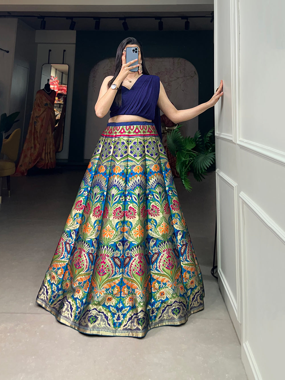 Timeless Banarasi Silk Lehenga Choli with Zari Weaving and Attached Dupatta – Elegance Woven in Tradition