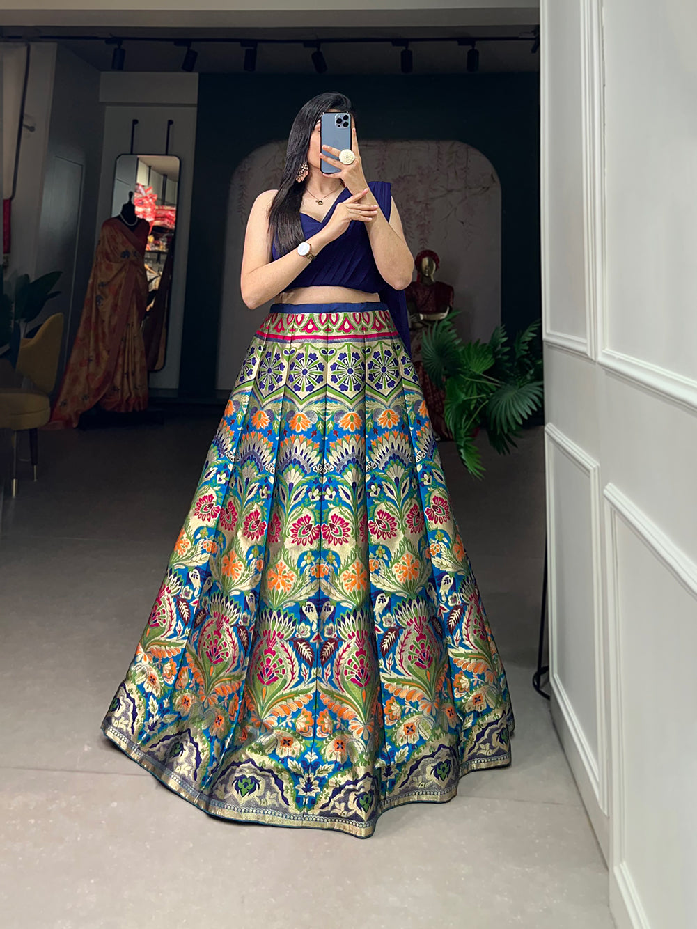 Timeless Banarasi Silk Lehenga Choli with Zari Weaving and Attached Dupatta – Elegance Woven in Tradition