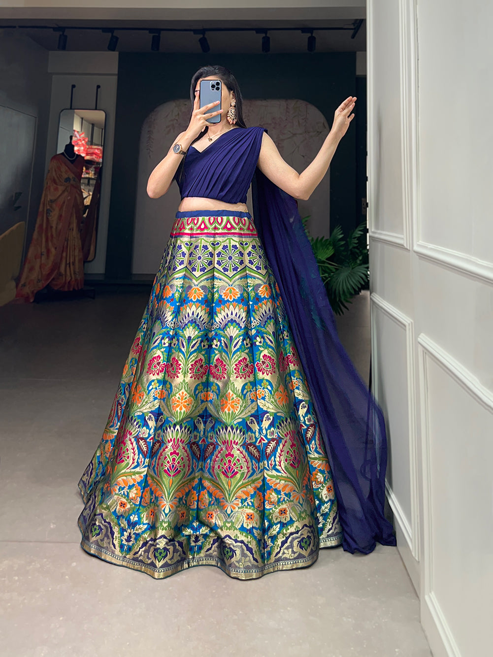 Timeless Banarasi Silk Lehenga Choli with Zari Weaving and Attached Dupatta – Elegance Woven in Tradition