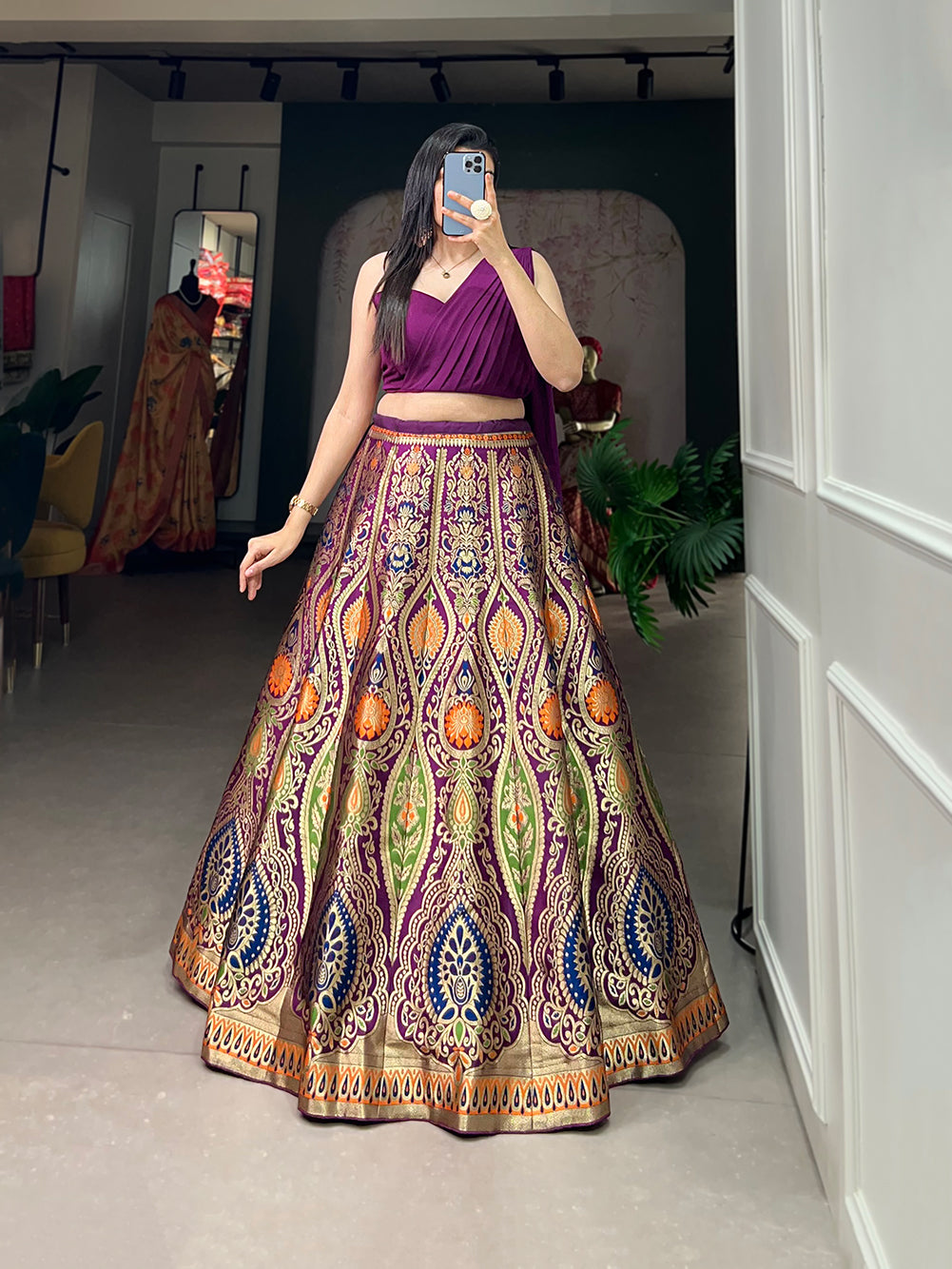 Timeless Banarasi Silk Lehenga Choli with Zari Weaving and Attached Dupatta – Elegance Woven in Tradition