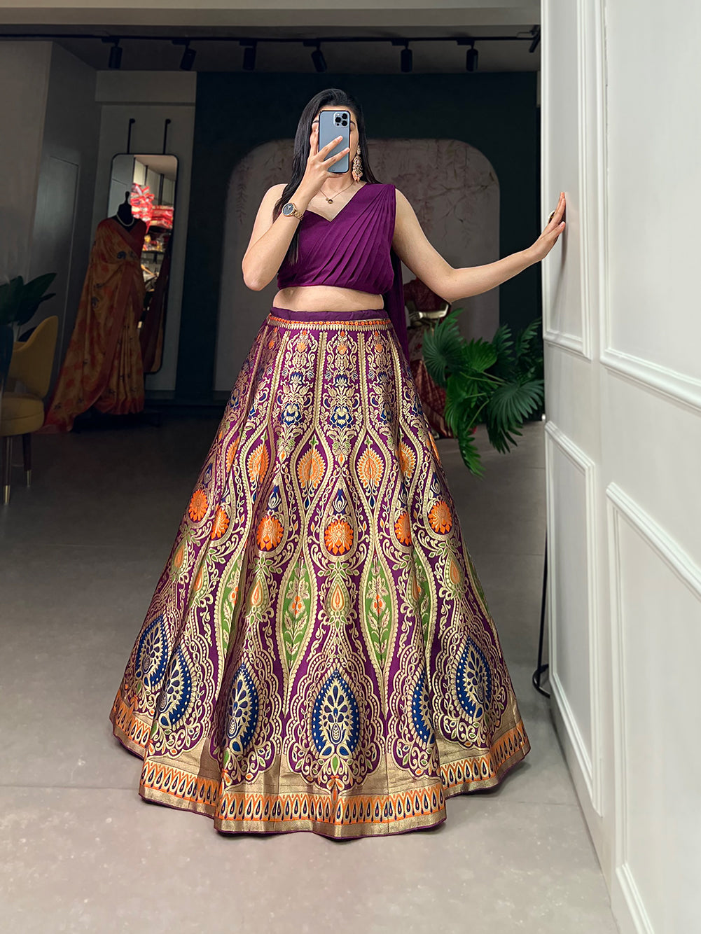 Timeless Banarasi Silk Lehenga Choli with Zari Weaving and Attached Dupatta – Elegance Woven in Tradition