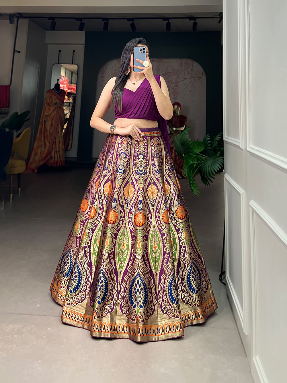 Timeless Banarasi Silk Lehenga Choli with Zari Weaving and Attached Dupatta – Elegance Woven in Tradition