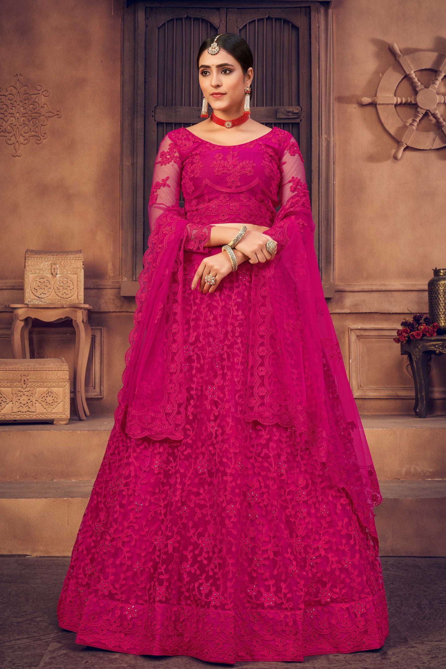 Women's Semi Stitched Net Lehenga Choli (Rose Pink_Free Size)