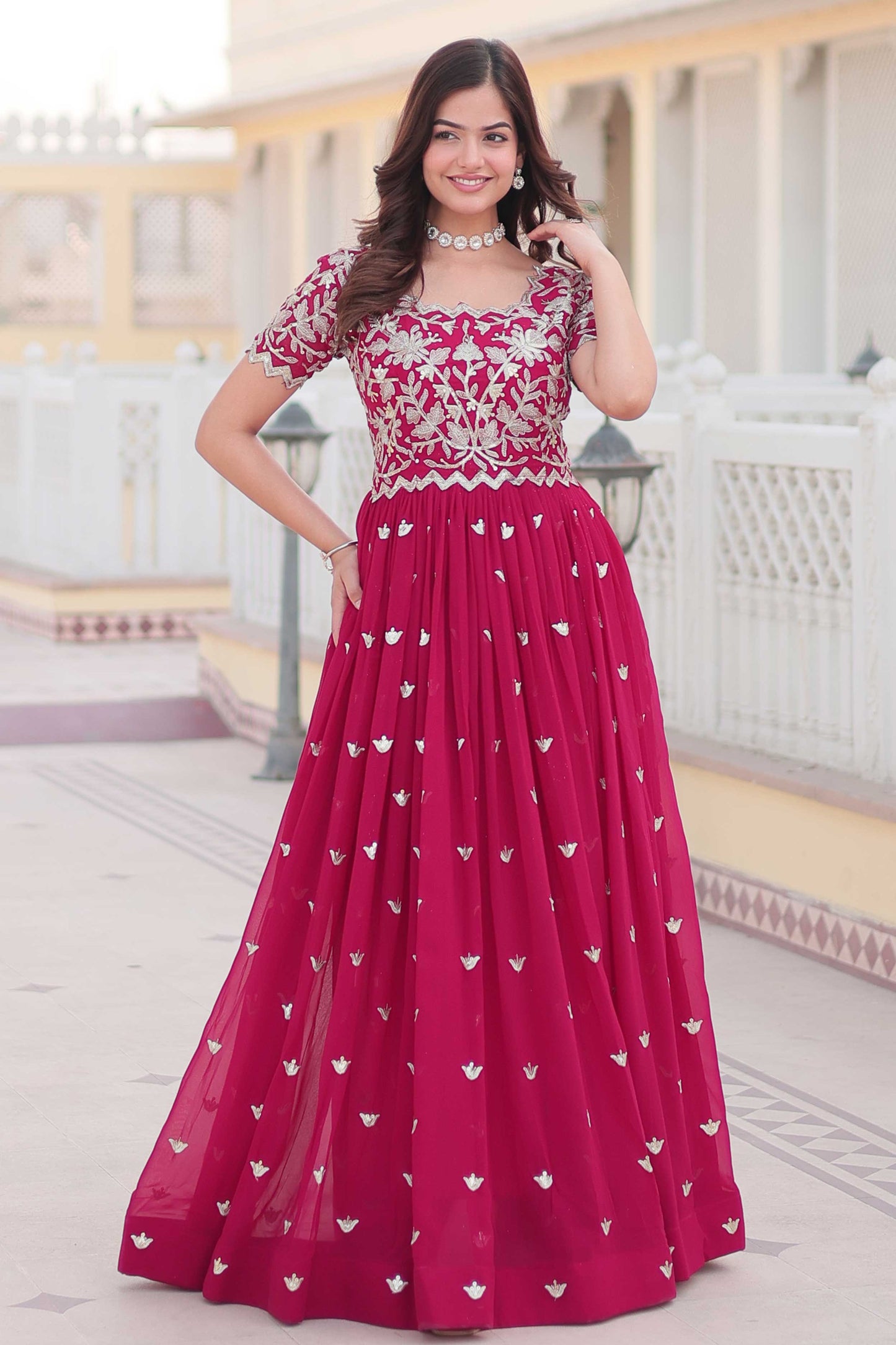 Pink Color Georgette Party Wear Gown With Sequins Embroidery Ready to Wear