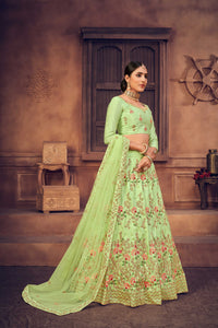 Light-Green Taffeta Silk Floral Meena Motif Lehenga Choli with Thread-Pearl Embroidery and Net Dupatta