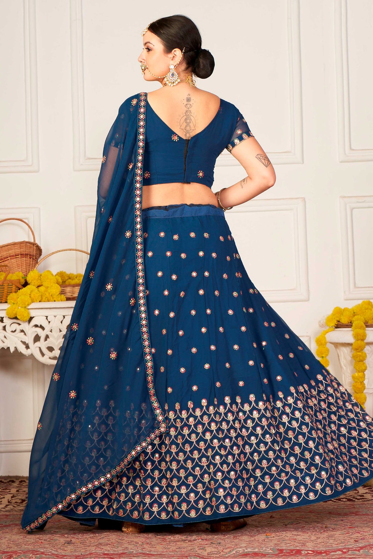 Teal-Blue Georgette Lehenga Choli with All-Over Chakra Bootis Mirror-Thread Embroidery and Dupatta