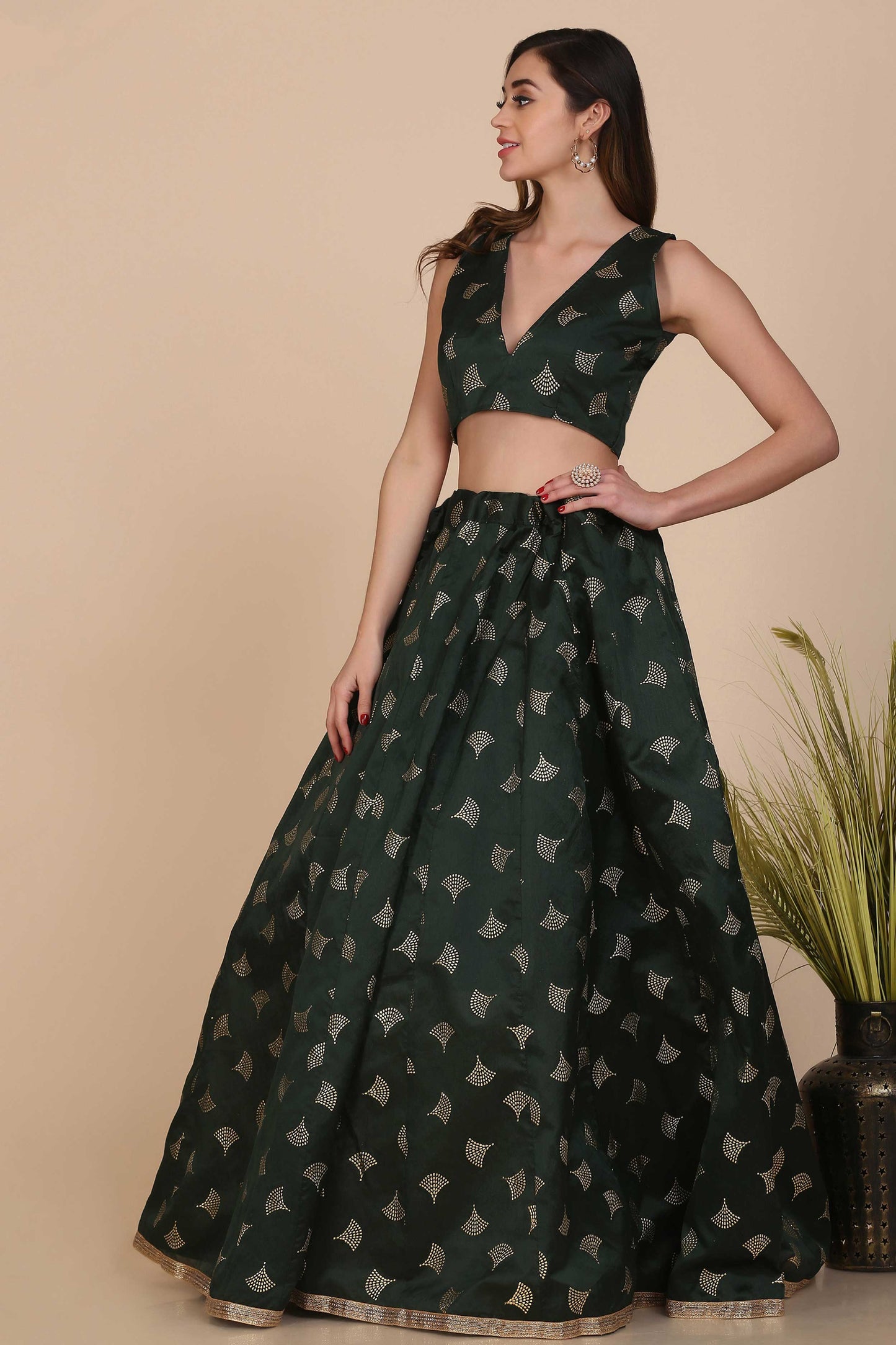 Green Foil Print Lehenga With Anarkali Flare For Women