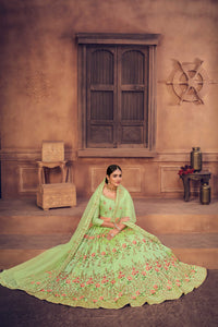 Light-Green Taffeta Silk Floral Meena Motif Lehenga Choli with Thread-Pearl Embroidery and Net Dupatta