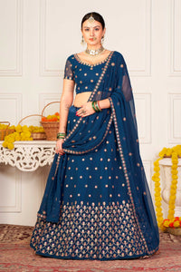 Teal-Blue Georgette Lehenga Choli with All-Over Chakra Bootis Mirror-Thread Embroidery and Dupatta