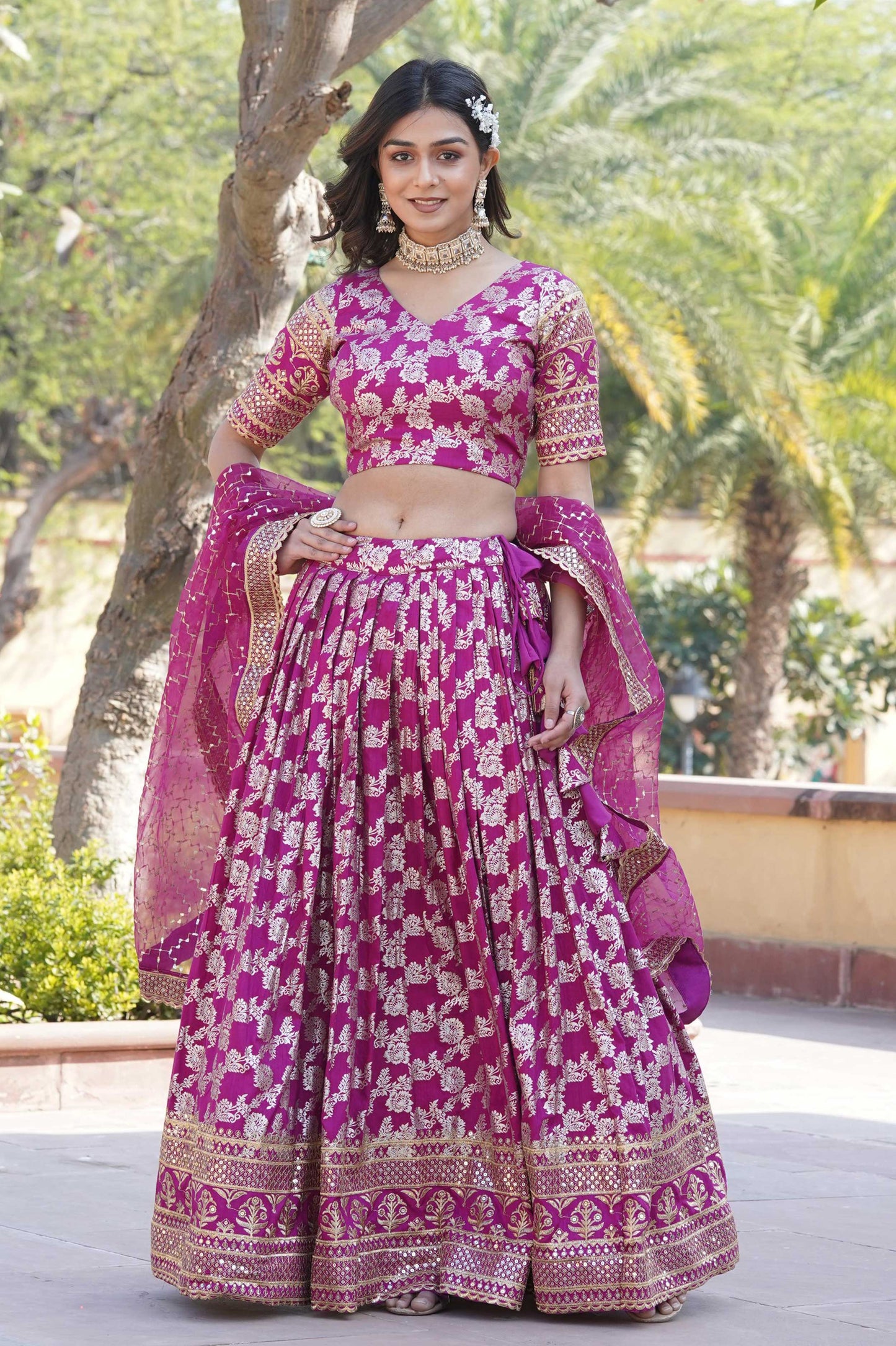 Designer Dyeable Pure Viscose Jacquard Lehenga Choli & Dupatta Set