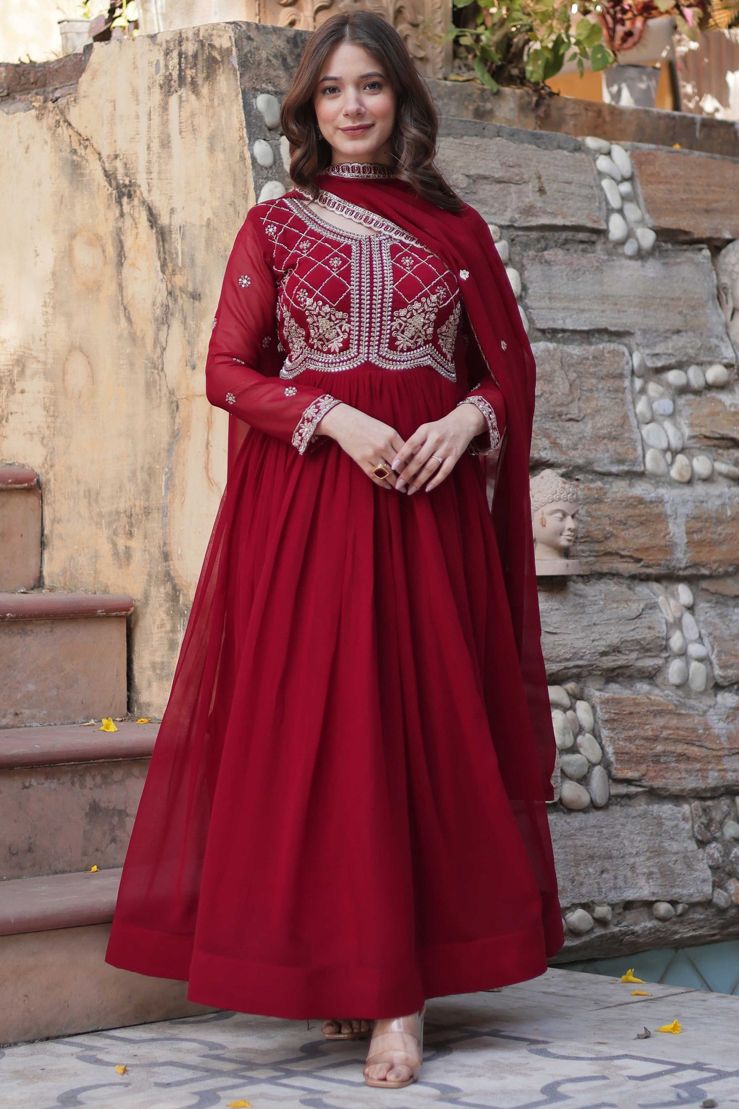 Premium Readymade Faux Blooming Gown with Sequins & Beads Embroidery + Dupatta – Elegant Full-Length Ensemble