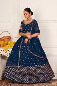 Teal-Blue Georgette Lehenga Choli with All-Over Chakra Bootis Mirror-Thread Embroidery and Dupatta